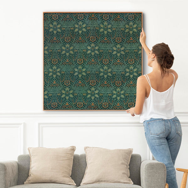 Large Green William Morris Wall Art Framed Canvas Print of Famous Ispahan Pattern - 100cm x 100cm