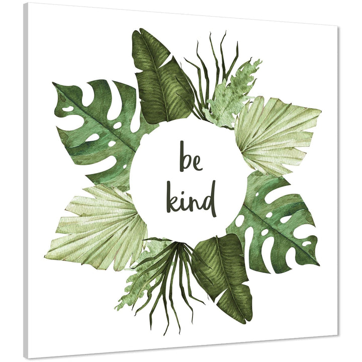 Be Kind Leaves Word Art - Typography Canvas Print Green Grey - 1s1169S