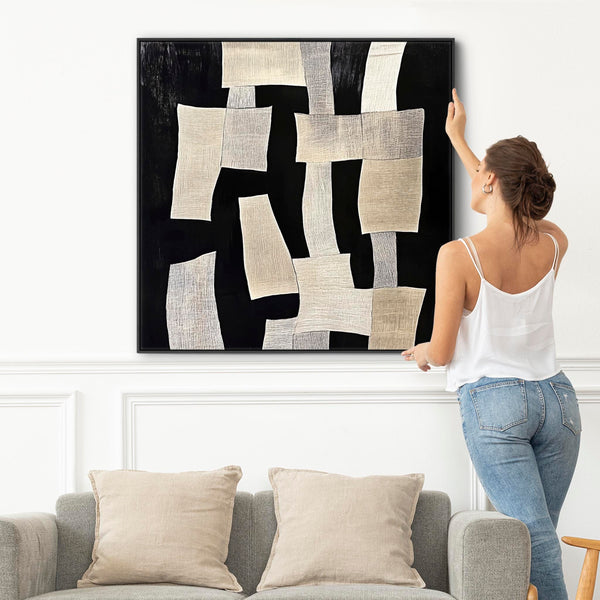 Bedroom Artwork Print Framed Canvas Abstract Beige Cream Black