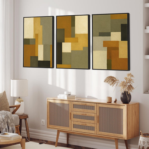 Mustard Green Set of 3 Framed Canvas Abstract - Earthy Warmth
