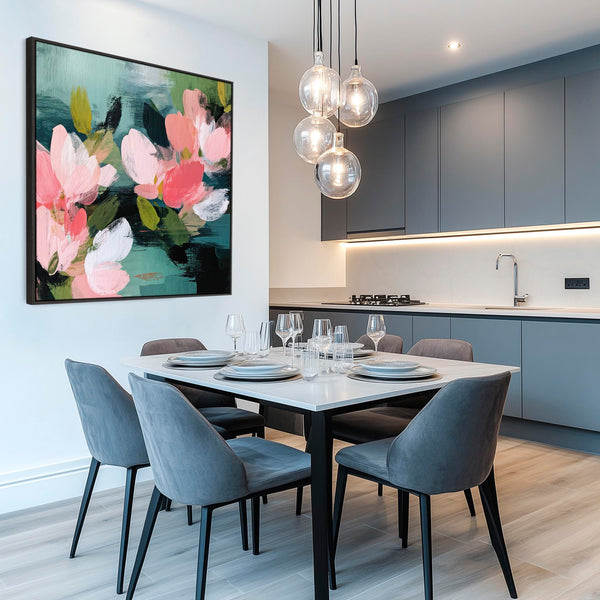 Large Abstract Floral Canvas Wall Art Framed - Pink Green