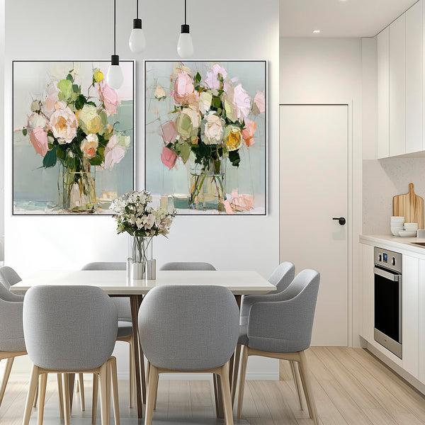 Large Abstract Floral Pink Green Pair Framed Canvas Art Set 2
