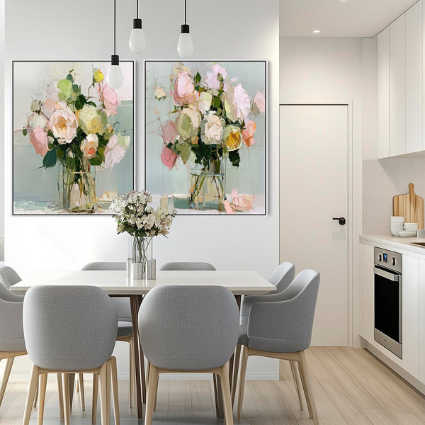 Large Abstract Floral Pink Green Pair Framed Canvas Art Set 2