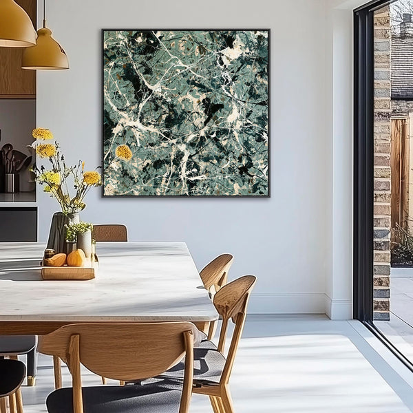 Green Abstract Framed XL Artwork Canvas - Jackson Pollock Style