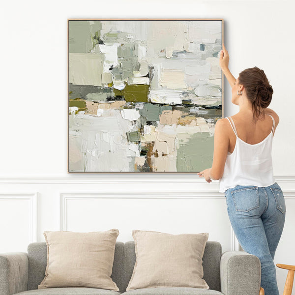 Abstract Green White Painting - 1 - Framed Contemporary Canvas Art