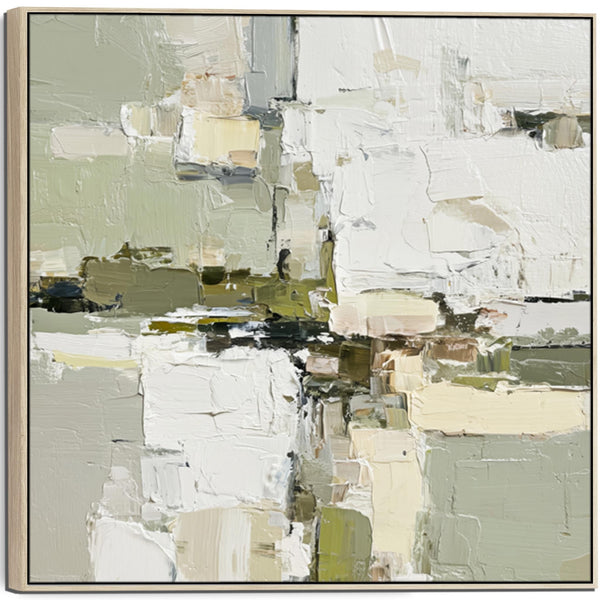 Abstract Green White Painting - 2 - Framed Contemporary Canvas Art Print