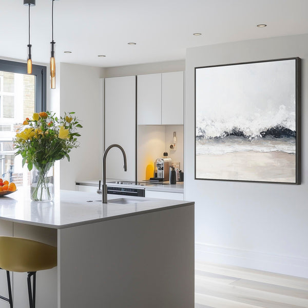 Abstract Greige Grey Beige Framed Wall Art Canvas Print for Kitchen