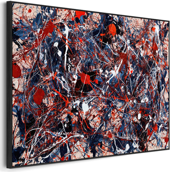 Abstract Jackson Pollock Style Framed Canvas Picture - Blue Red