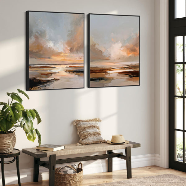 Pair Abstract Landscape - Framed Rust Orange Artwork - Set of 2 Canvas