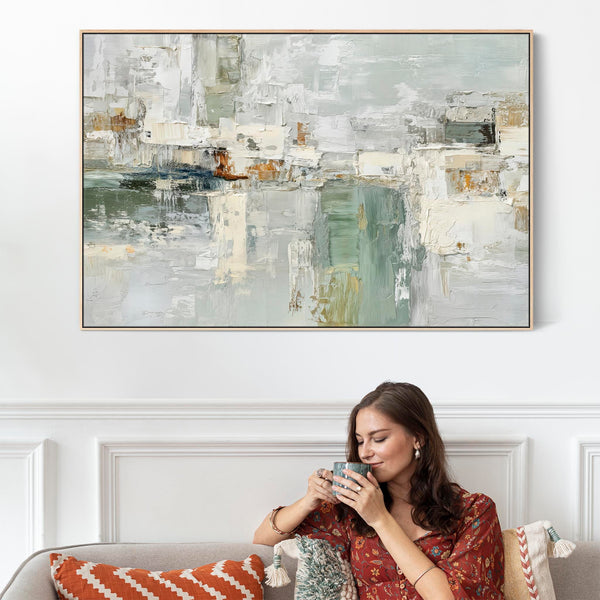 Living Room Wall Art for Lounge - Framed Green Cream Abstract
