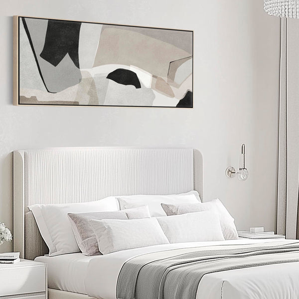 Horizontal Narrow Bedroom Wall Art over Bed Neutral Beige Black Abstract Panoramic
