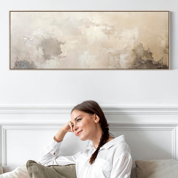 Wide Beige Neutral Framed Artwork on Canvas Abstract Panoramic for Bedroom