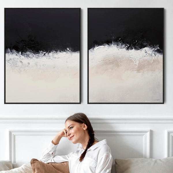 Large Set 2 Cream Neutral Black Framed Wall Art Abstract Shores