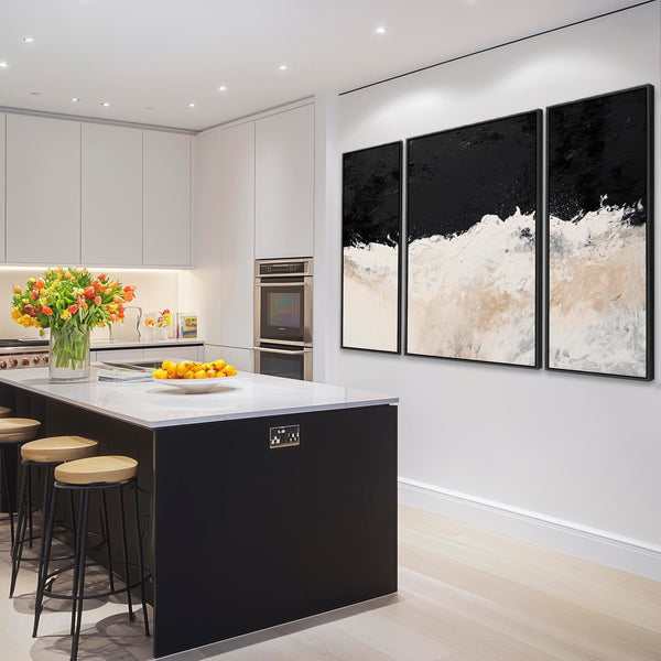 Set of 3 Neutral Beige Black Framed Canvas Wall Art Abstract Wave