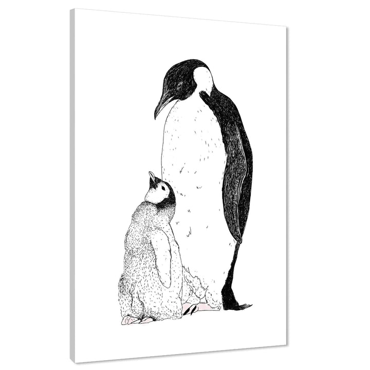 Baby Penguin with Mother Canvas Art Prints - Black and White - 1RP858M