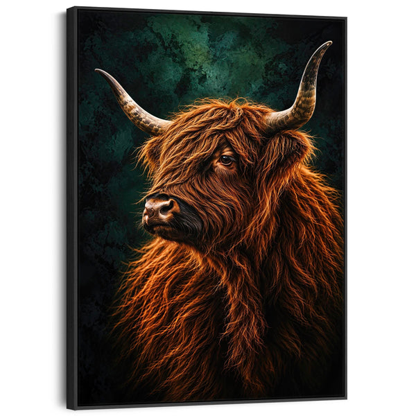 Angus - Highland Cow - Copper & Teal Green Framed Canvas Art