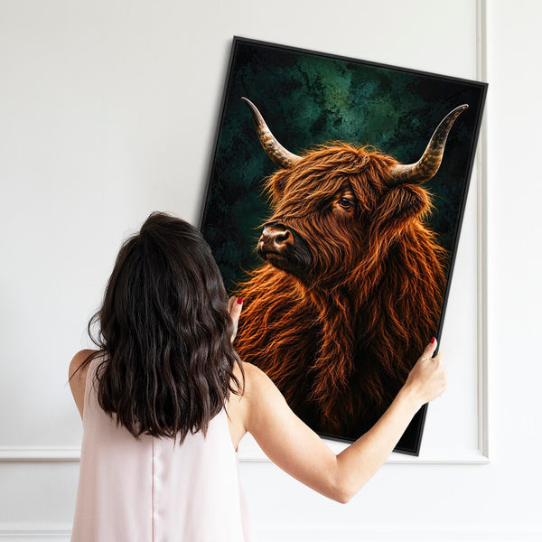 Angus - Highland Cow - Copper & Teal Green Framed Canvas Art