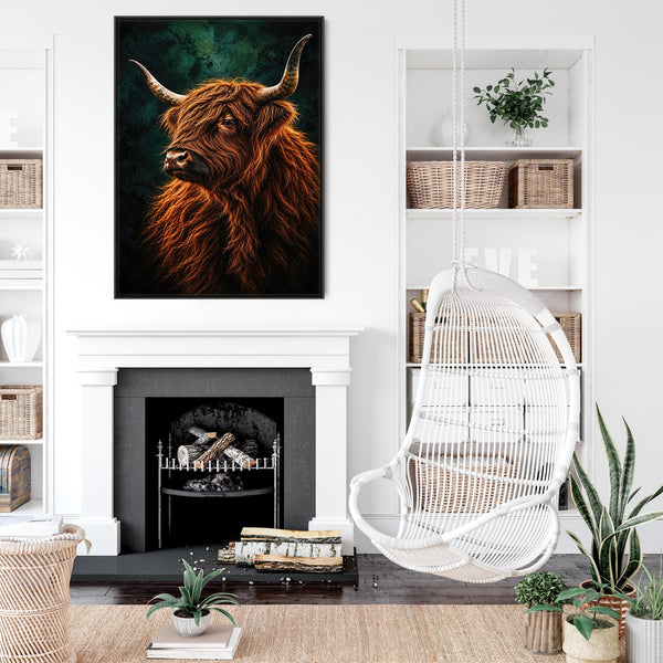 Angus - Highland Cow - Copper & Teal Green Framed Canvas Art