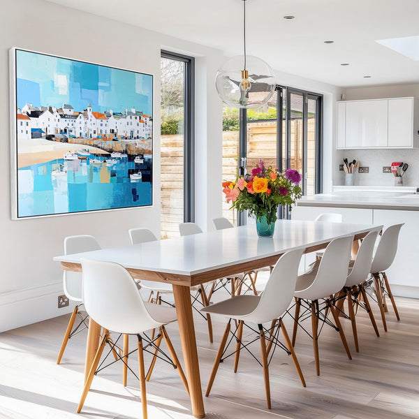Large Blue White Coastal Art Print - Framed Cornish Seaside 1
