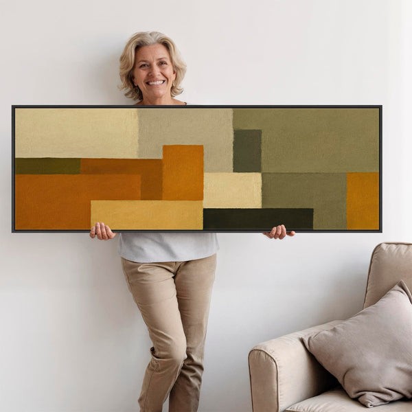 Wide Mustard Green Horizontal Framed Canvas Panoramic - Autumn Ochre