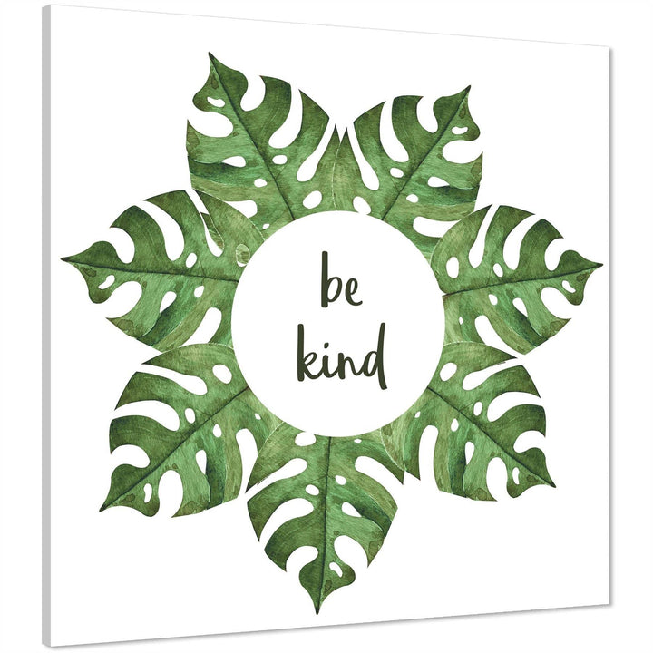 Be Kind Leaves Word Art - Typography Canvas Print Green Grey - 1s1159S