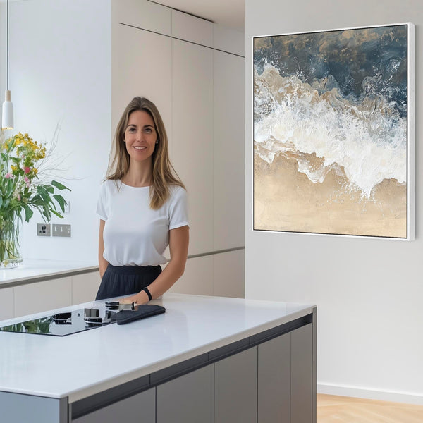 Beach Coastal Artwork Canvas Print Framed for Kitchen Blue