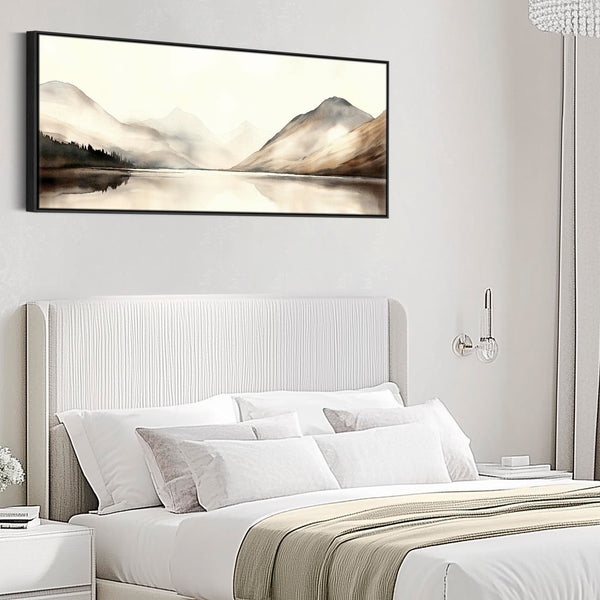 Bedroom Wall Art over Bed Horizontal Wide Framed Canvas Neutral Brown Panoramic
