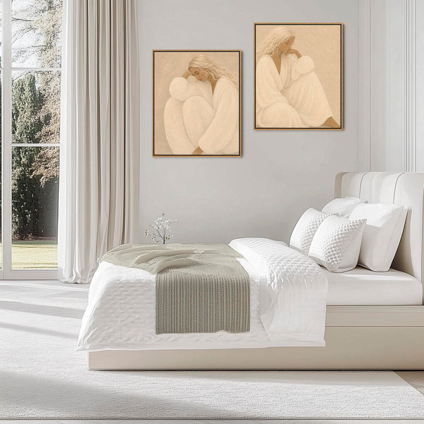 Pair of Framed Bedroom Art - Thoughtful Moment - Neutral Beige - Set of 2