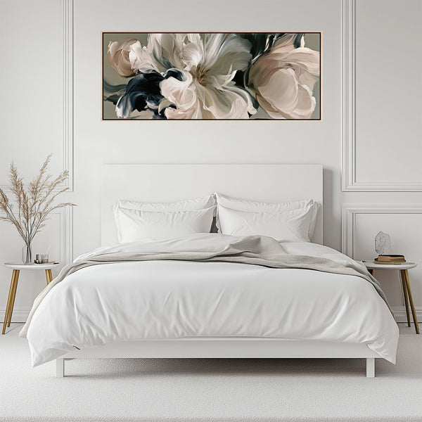 Wide Framed Bedroom Canvas Print Sage Green Pink over Bed Art