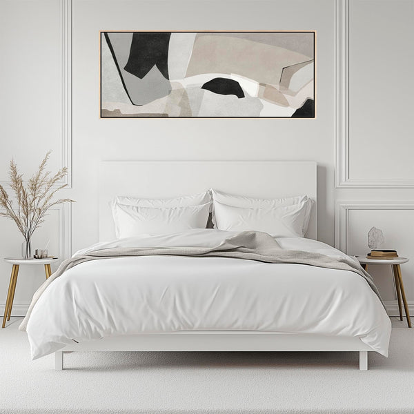 Horizontal Narrow Bedroom Wall Art over Bed Neutral Beige Black Abstract Panoramic