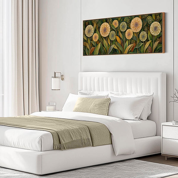 Wide Bedroom Framed Canvas - Green Cream Upright Art over Bed