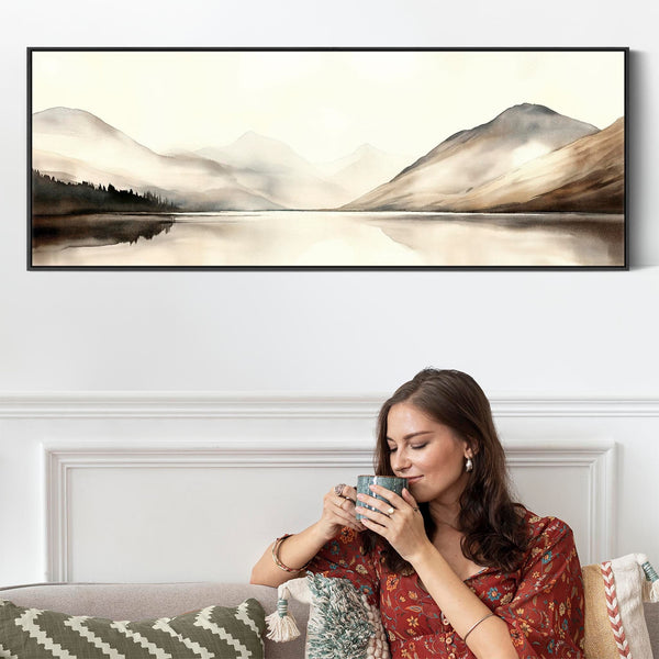 Bedroom Wall Art over Bed Horizontal Wide Framed Canvas Neutral Brown Panoramic