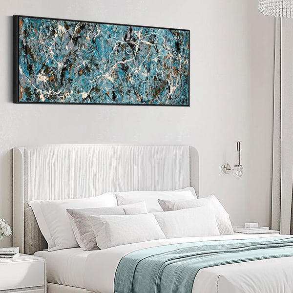 Wide Teal Horizontal Framed Canvas Jackson Pollock Style Art