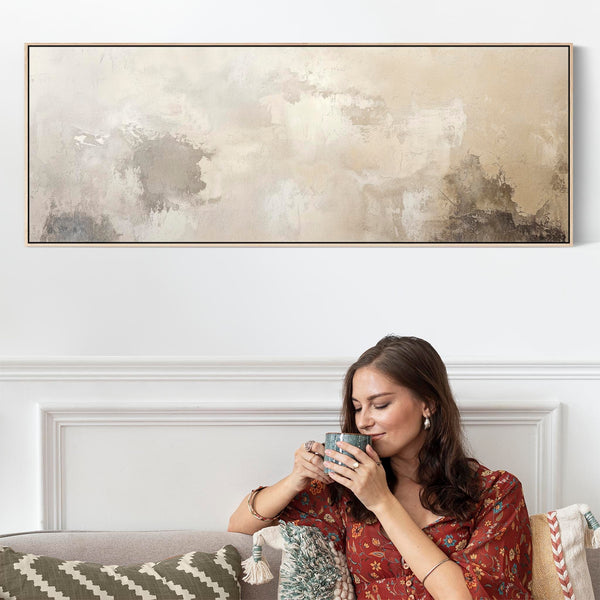 Wide Beige Neutral Framed Artwork on Canvas Abstract Panoramic for Bedroom