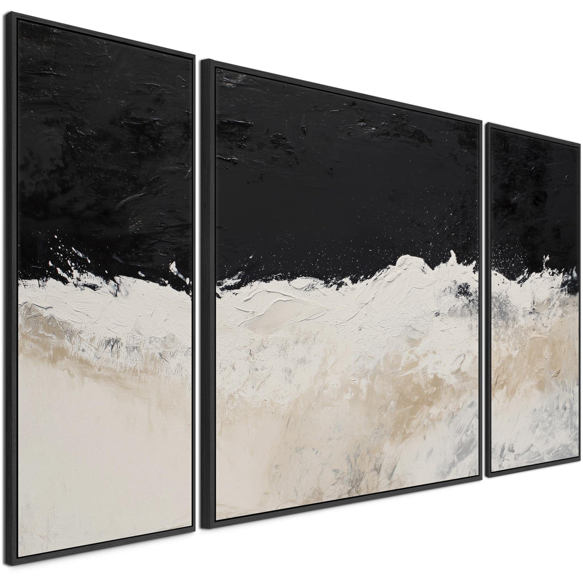 Set of 3 Neutral Beige Black Framed Canvas Wall Art Abstract Wave ...
