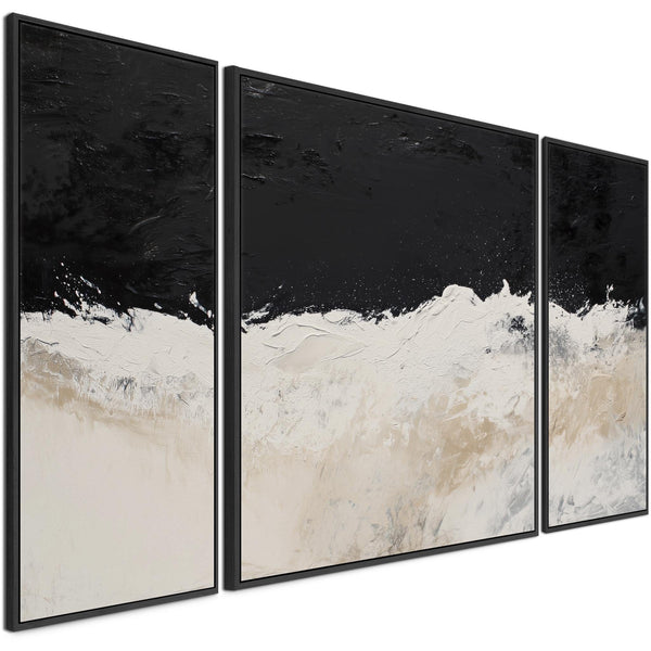 Set of 3 Neutral Beige Black Framed Canvas Wall Art Abstract Wave