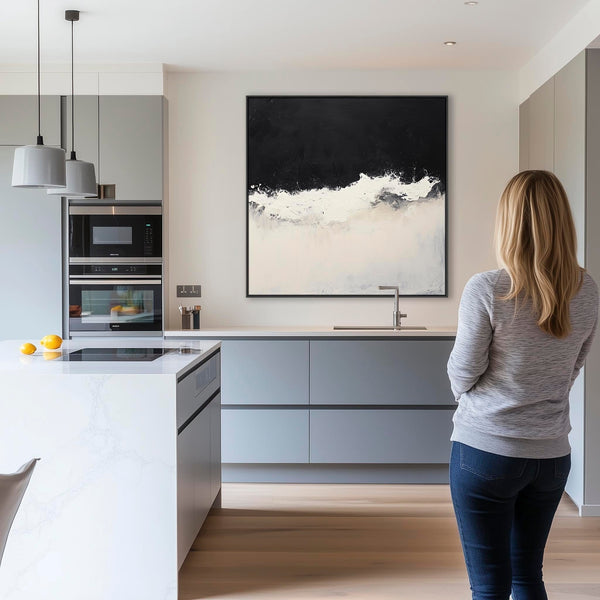 Neutral Beige Black Framed Square Artwork Canvas Cream Tide