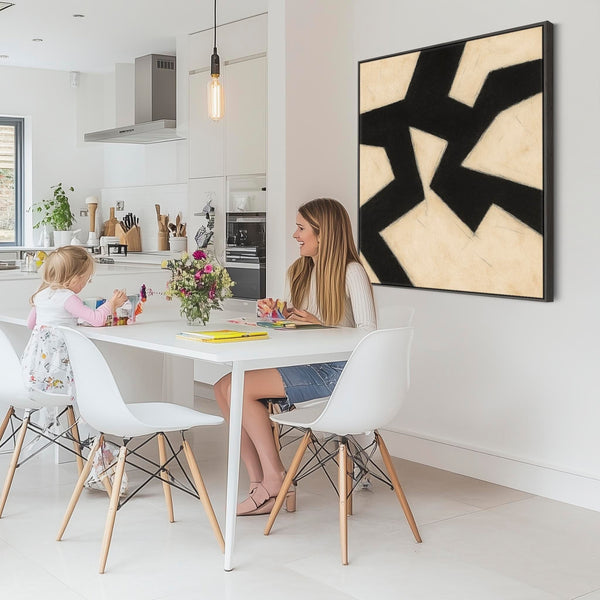 Beige Black Abstract Artwork Canvas Framed - Neutral Pathways