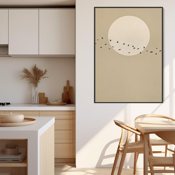 Neutral Beige Japandi Birds Framed Artwork on Canvas