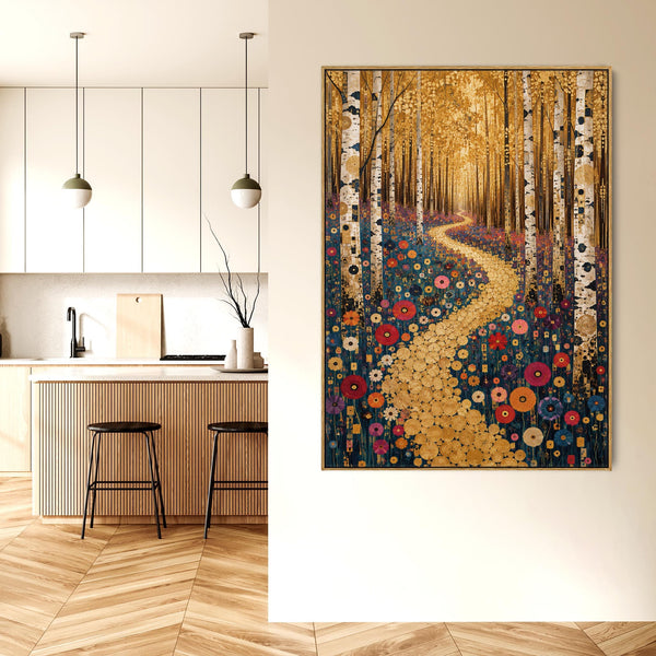 Gustav Klimt inspired Colourful Framed Canvas Art Birch Pathway