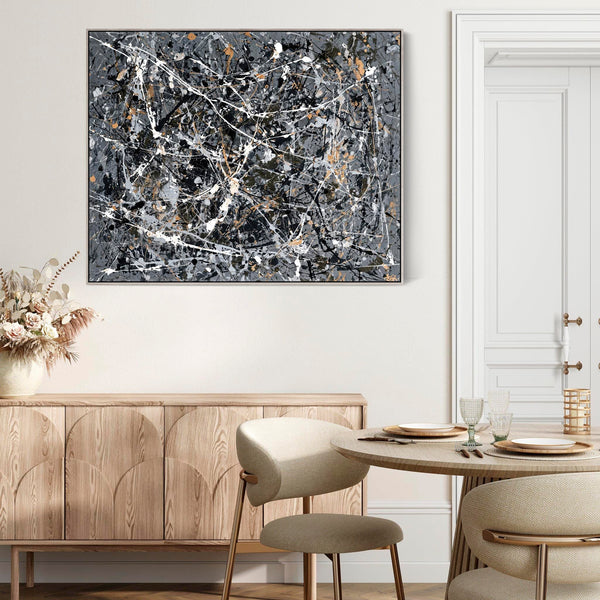 Steel Grey Jackson Pollock Style Framed Canvas Artwork - Storm