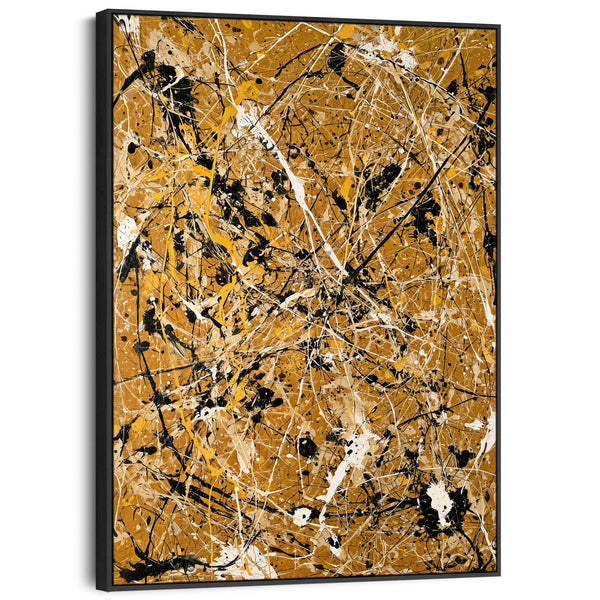Mustard Yellow Abstract Framed Canvas Art Jackson Pollock Style