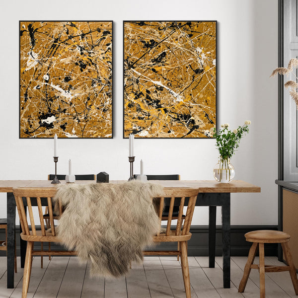 Extra Large Framed Abstract Canvas XL Set of 2 Mustard Yellow