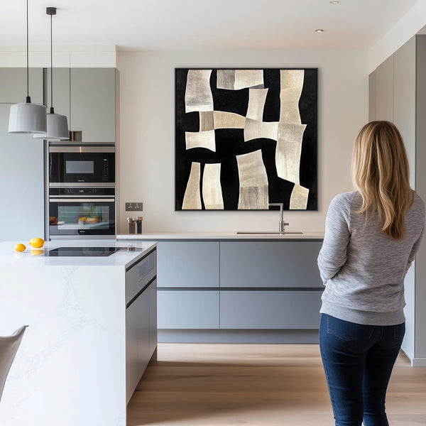 Beige Black Abstract Artwork Print Framed Canvas for Hallway Neutral