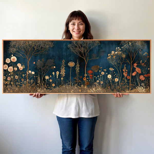 Wide Gustav Klimt inspired Framed Canvas - Golden Wildflower