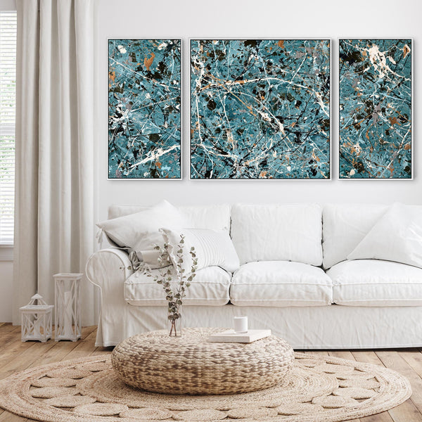 Set of 3 Teal Jackson Pollock Inspired Abstract Framed Canvas