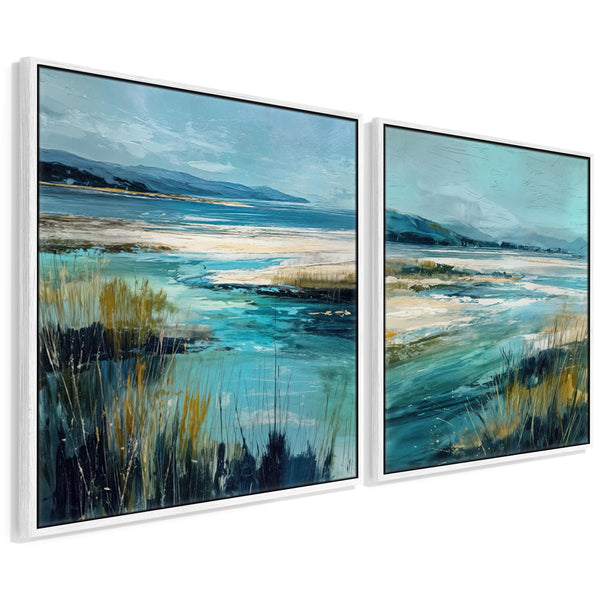 Extra Large Pair Framed Scottish Wall Art - Teal Blue Set of 2
