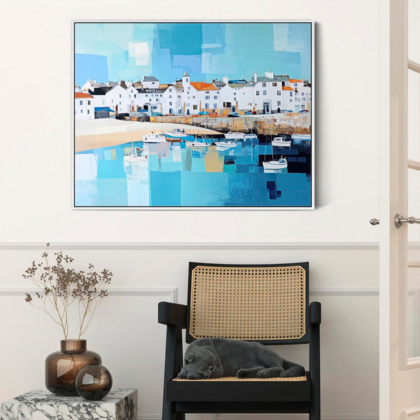 Large Blue White Coastal Art Print - Framed Cornish Seaside 1