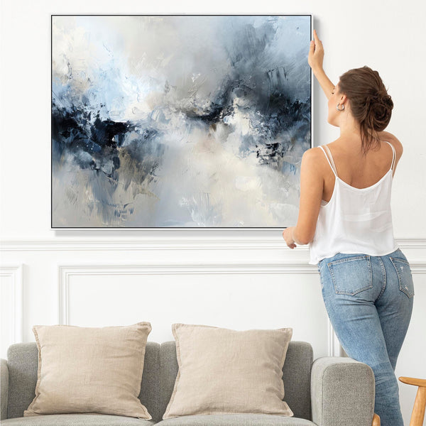 Blue White Abstract Framed Wall Art XL - Frozen Tides