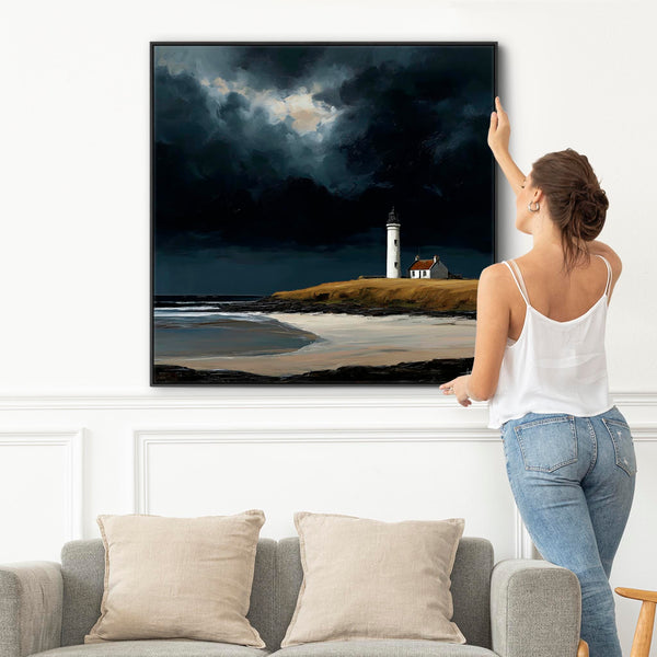 Large Framed Scottish Canvas Artwork - Lighthouse - Edge of Storm